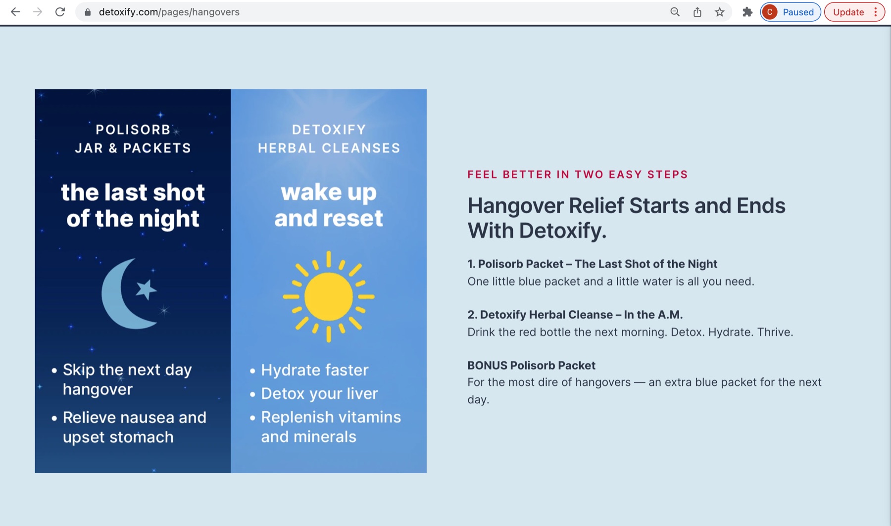 Two-step hangover system landing page